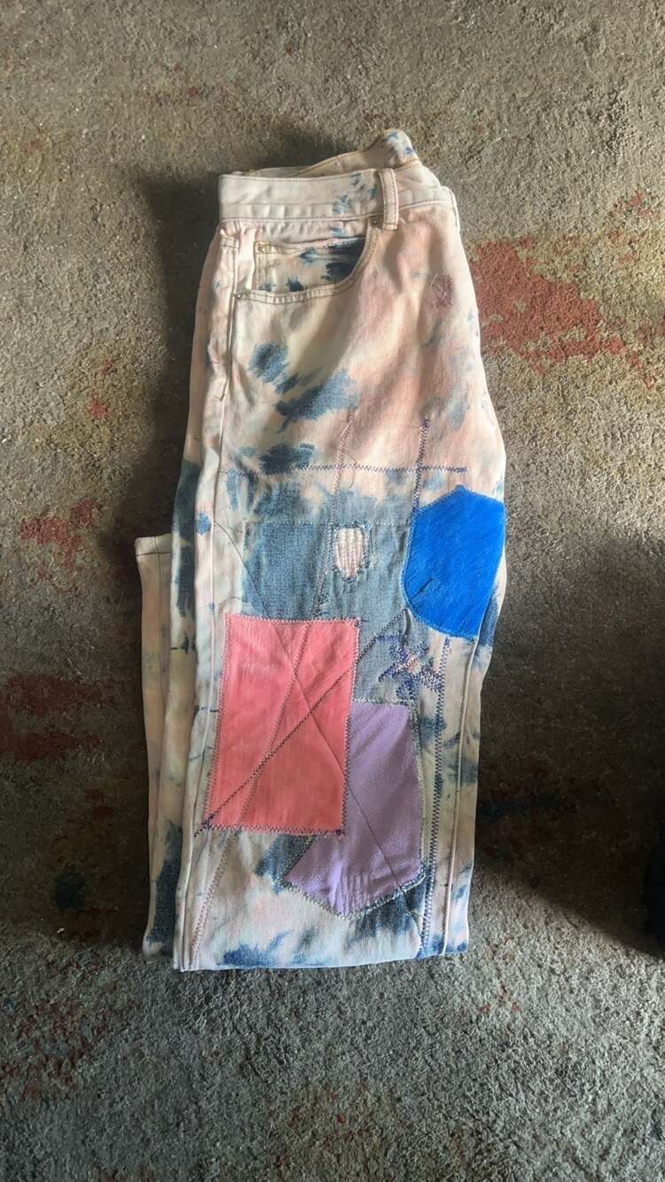MNML Men's Patchwork Distressed Tie Dye Denim Jeans Pink Blue Purple Size 31